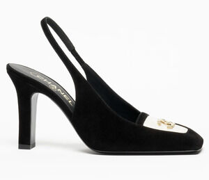Chanel 26K Blazy Black Suede White Square Toe CC Slingback Sling Heel Pump 42C